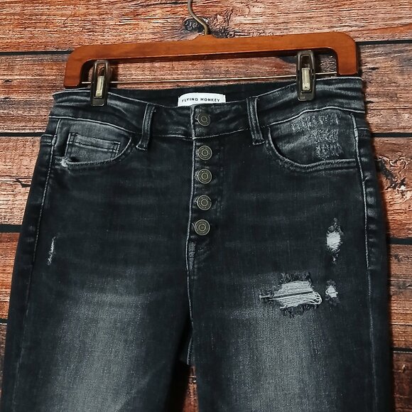 Flying Monkey Jeans 28 Button Fly Mid Rise Slit Flare Distressed Black Stretch - Picture 4 of 10